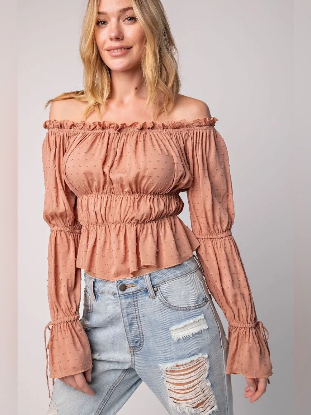 Easel | Ella Romantic Swiss Dot Off The Shoulder Blouse Bohemian Taupe New Small